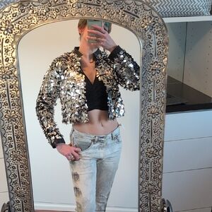Forever 21 Silver Sequin  Cropped Bomber Jacket